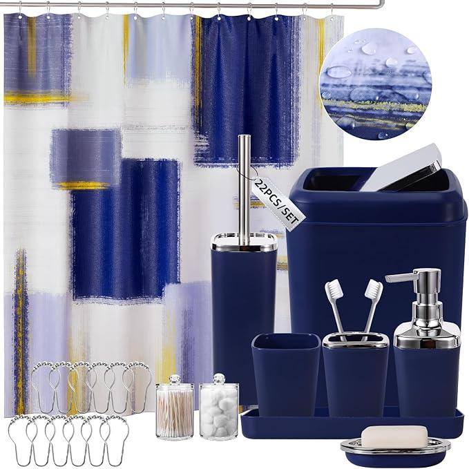 XLHOMO Blue Bathroom Accessories Set, Bathroom Sets with Shower Curtain, Navy Blue Bathroom Accessories with Trash Can, Soap Dispenser, Soap Dish, Toilet Brush Holder, Qtip Holders for Bathroom - ModernBath