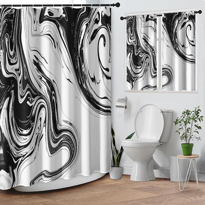 Culudea Marble Vintage Retro Shower Curtain Set, Aqua Gray Abstract Bathroom Window Waffle Cloth Waterproof Shower Curtain Set for Bathroom Decor - ModernBath