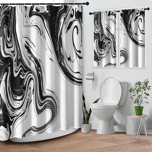Culudea Marble Vintage Retro Shower Curtain Set, Aqua Gray Abstract Bathroom Window Waffle Cloth Waterproof Shower Curtain Set for Bathroom Decor - ModernBath