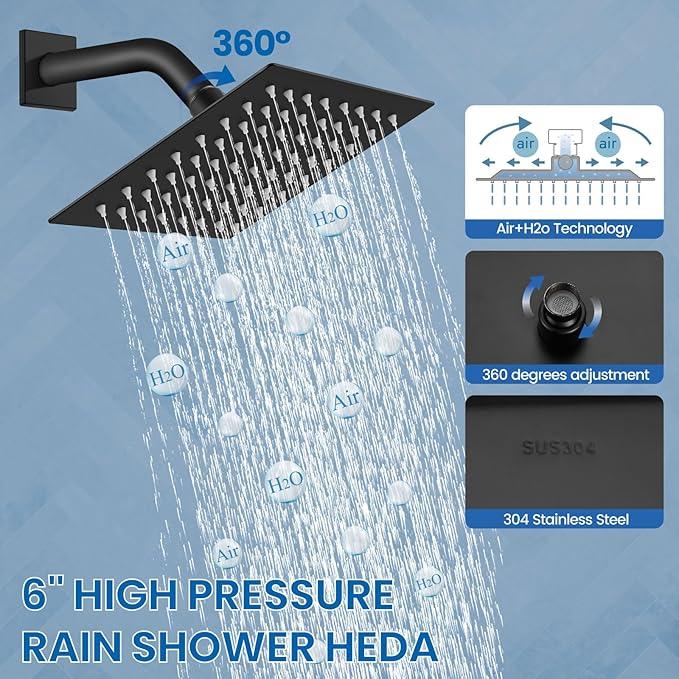 Airuida Shower Faucet Set Bathroom Rain Shower System SUS304 Stainless Steel Single Handle With Male Threads Rough-in Valve Shower Trim Kit 6 Inch Wall Mount Shower Head Matte Black - ModernBath
