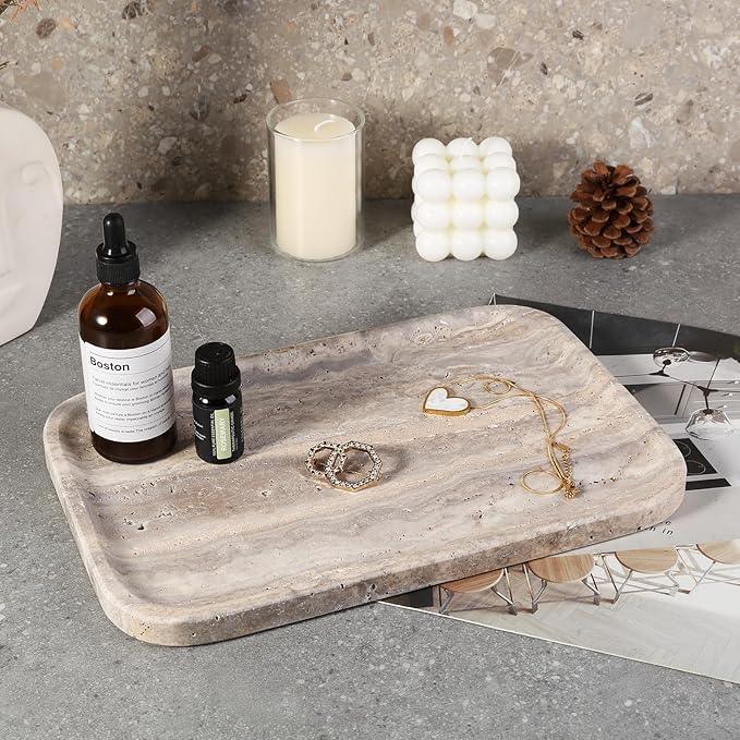 Karibiber Marble Vanity Trays, Travertine Bathroom Tray, Decorative Tray for Dresser Countertop, Grey Stone Serving Holder for Kitchen, Storage Trays for Perfume, Jewelry Candle Organizer - ModernBath