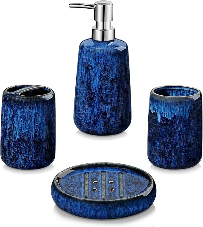 vancasso Blue Bathroom Accessories Set, Ceramic Soap Dispenser and Toothbrush Holder Sets, Stoneware 4 Pcs Bathroom Sink Set for Modern Home Decor, Series Starry - ModernBath