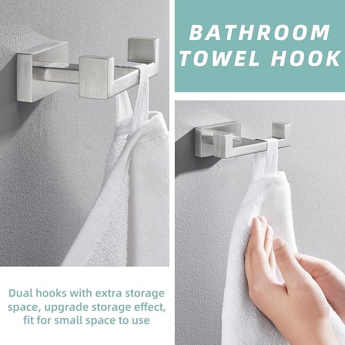 APLusee Square Double Towel Hook, 304 Stainless Steel Dual Coat Holder, Modern Bathroom Kitchen Storage Hanger Wall Mounted, Brushed Nickel - ModernBath