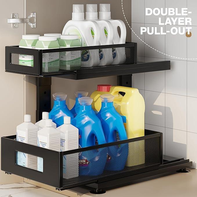 2 Pack Under Sink Organizer with Next-Gen Ball-Bearing Slides,2-Tier Pull Out Cabinet Storage,Height Adjustable Drawer Shelf for Bathroom,Kitchen,Laundry,Cabinet,Pantry(Patent Pending) - ModernBath
