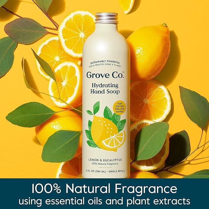 Grove Co. Hydrating Gel Hand Soap Refills (3 x 13 Fl Oz) | Plastic-Free Liquid Hand Soap Refill Set, Leaves Hands Soft and Clean, 100% Natural Lemon & Eucalyptus Fragrance - ModernBath