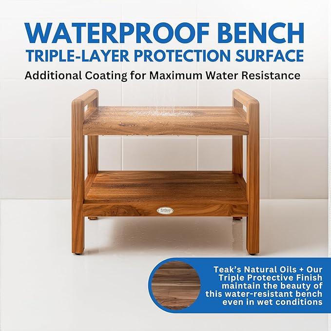 EcoDecors Eleganto 24 Inch Natural Color Waterproof Teak Wood Shower Bench Stool Seat Chair For Inside Shower Provides Safety, Storage, and Organization For Bathroom Accessories - ModernBath