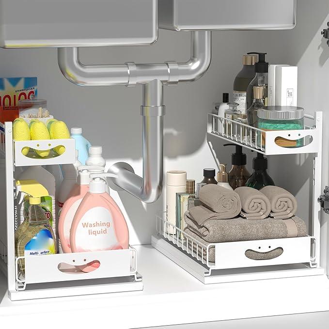Under Sink Organizer with Pull-Out Drawers,Kitchen Sink Organizer,2 Tier Bathroom Organizers And Storage,Bathroom Accessories Set,White 2 Pack - ModernBath