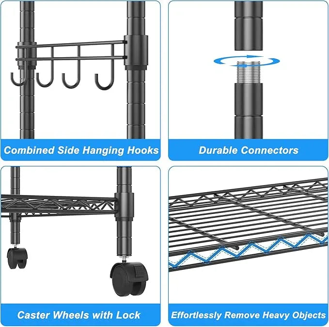 Homdox 5 Tier Wire Shelving Unit on Wheels, Adjustable Storage Racks and Shelving, Heavy Duty Rolling Metal Shelves with Side Hooks for Laundry Bathroom Kitchen Garage Pantry Organization, Black - ModernBath