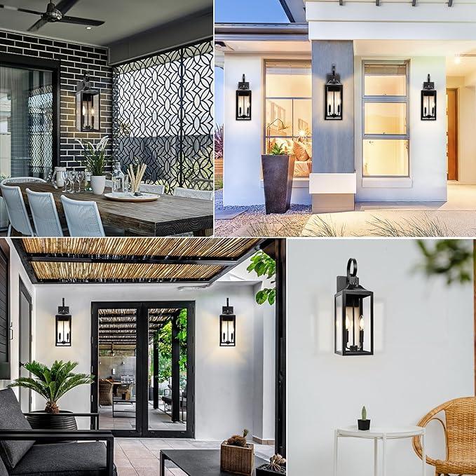 Black Dusk to Dawn Outdoor Wall Lantern 2-Light, 19" Large Outside Modern Porch Sconce Light Fixture, Industrial Porch Light Wall Mount with Glass, Waterproof Farmhouse Exterior Lamp Lighting - ModernBath