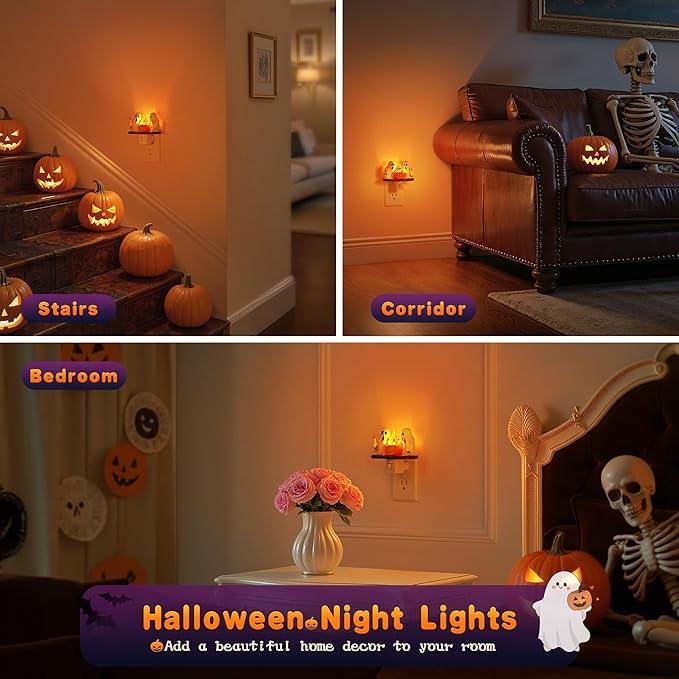Halloween Night Light,Amber Night Lights Plug into Wall,Cute & Funny Flaming Jumping Night Light,Plug in Ghost & Pumpkin Nightlight with 360° Rotatable for Kids Halloween Party Decor, 2 Pack - ModernBath