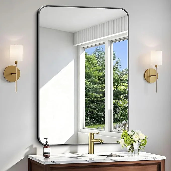 CIVENO Black Bathroom Mirror, 28x42 inch Aluminum Metal Frame Rectangular Vanity Mirror, Wall Mounted Rectangle Mirrors with Rounded Corner for Bedroom Living Room Hangs Horizontal Or Vertical - ModernBath