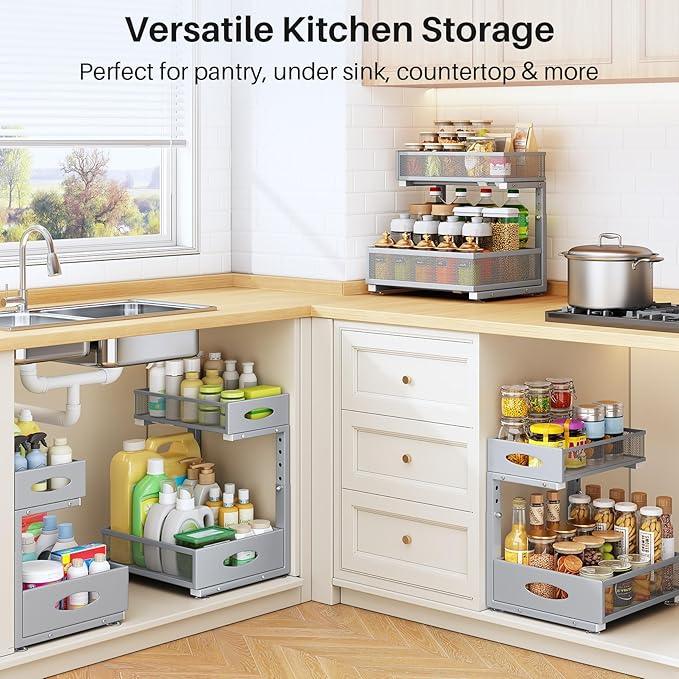 Under Sink Organizer, 2 Tier Pull Out Under Cabinet Organizer Shelf with Pad for Framed Cabinets, Metal Slide Out Under Sink Storage, Mesh Sliding Drawers for Kitchen Bathroom Laundry(Grey, 1 Pack) - ModernBath
