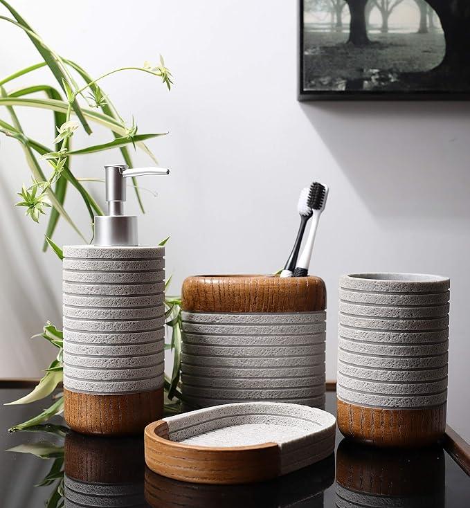 Hymmah Bathroom Accessories Set,Toothbrush Holder,Farmhouse Bathroom Decor,4 Pcs Resin Gift Set Apartment Necessities, Contain Toothbrush Cup,Soap Dispenser,Soap Dish,Tumbler - ModernBath