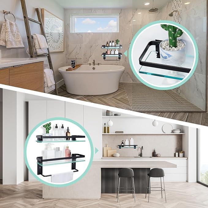 Suzile Set of 2 Glass Bathroom Shelves with Bar, Wall Mounted 15.7 x 4.7 Inches, Bathroom Shelves Hanging Modern Floating Shelf Metal Stick Room Rustproof Organizer Decorative(Black) - ModernBath