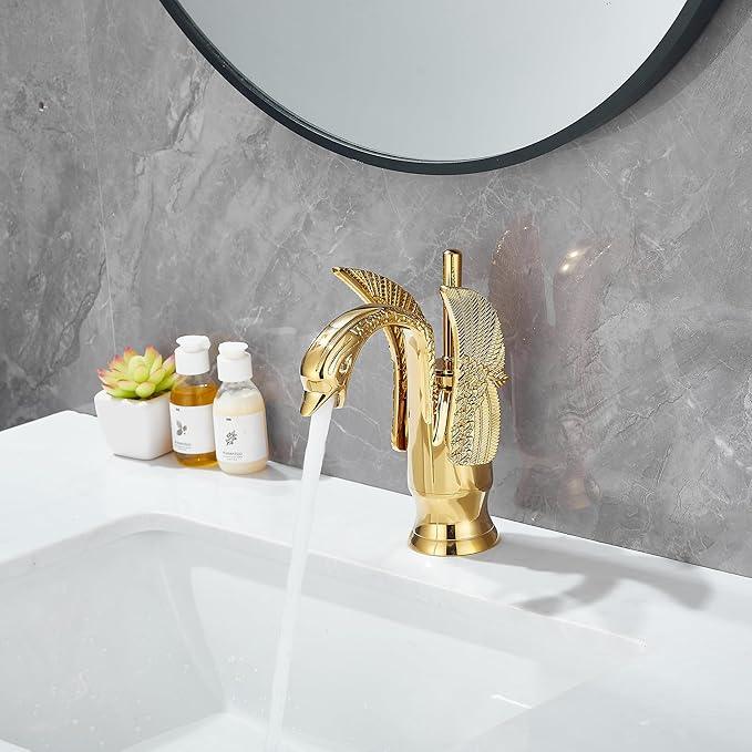 Gold Bathroom Faucet GGStudy Swan Shape Single Handle One Hole Bathroom Vanity Faucet Basin Tap Deck Mount Lavatory - ModernBath
