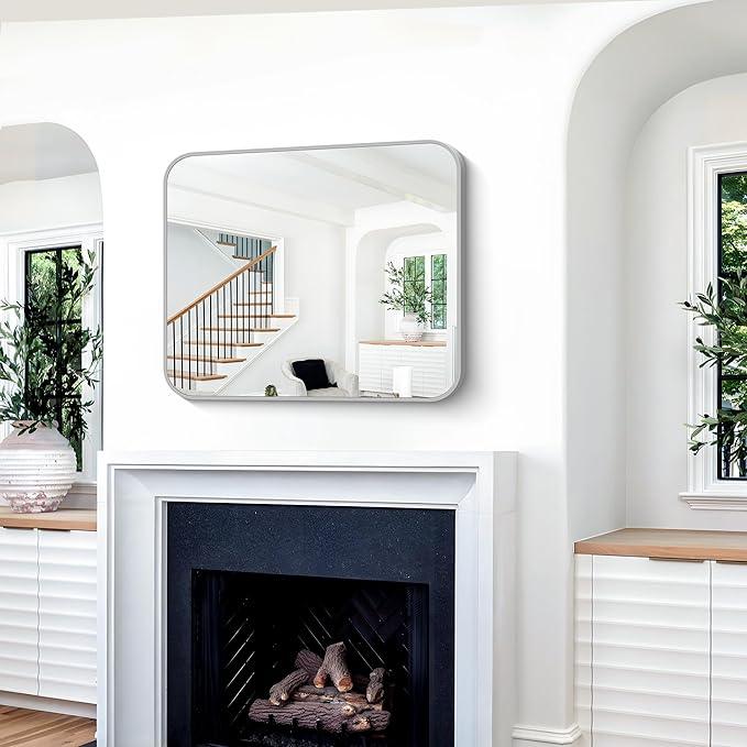 CIVENO Silver Bathroom Mirror, 30 x 36 Inch Metal Framed Silver Rectangle Mirror, Rounded Corner Rectangular Vanity Mirror, Wall Mounted Mirror for Living Room Bedroom Entryway Horizontal/Vertical - ModernBath