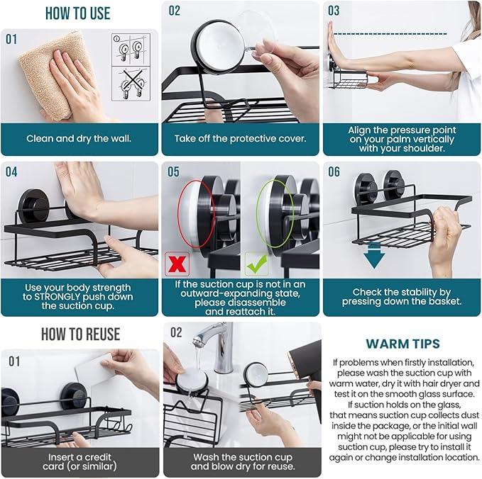 TAILI Shower Caddy Suction Cup 2 Pack, Heavy Duty Bathroom Basket, Bath Shelves for Inside, Stainless Steel Shower Holder Organizer for Bathroom Storage & Home Decor, No Drilling,Black - ModernBath