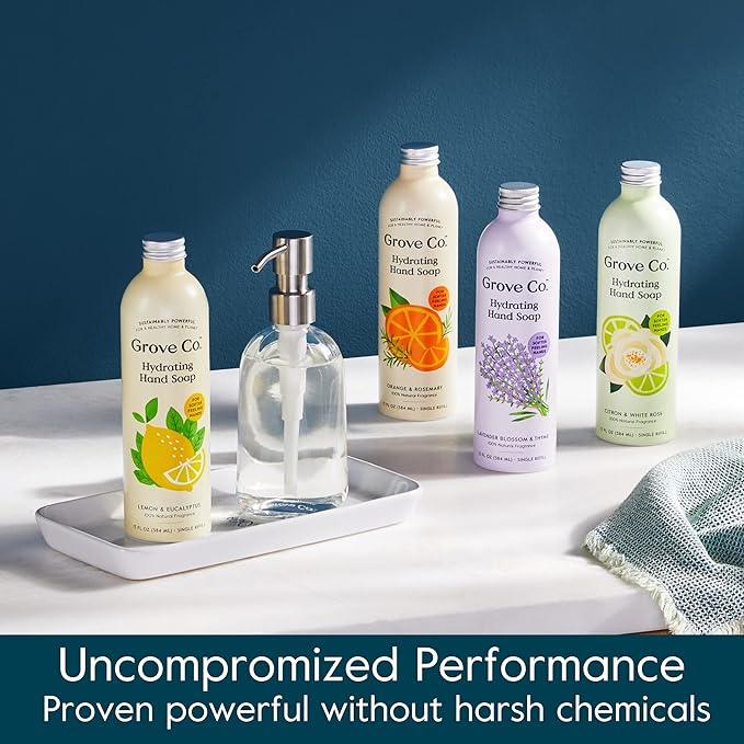 Grove Co. Hydrating Gel Hand Soap Refills (3 x 13 Fl Oz) Plastic-Free Liquid Hands Cleaner Refill Set, 100% Natural Lemon & Eucalyptus + Lavender & Thyme + Orange & Rosemary Fragrance - ModernBath