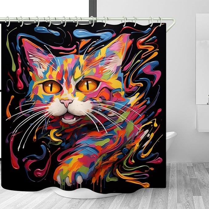 LYFANS Bathroom Using Colorful Oil Painting Cat 3D Shower Curtains, Luxury Bathtub Standard Shower Curtain, Waterproof and Bright Fabric Shower Curtain， Size (72x72 Inches) - ModernBath