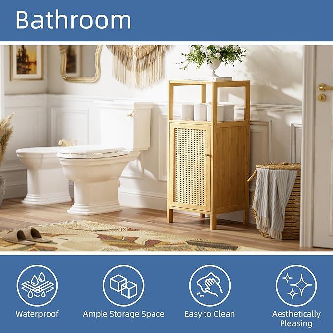 HITNET Rattan Bathroom Storage Cabinet, Small Bamboo Floor Cupboard with Door, Freestanding Narrow Side Organizer for Living Room, Kitchen, Entryway, Natural - ModernBath
