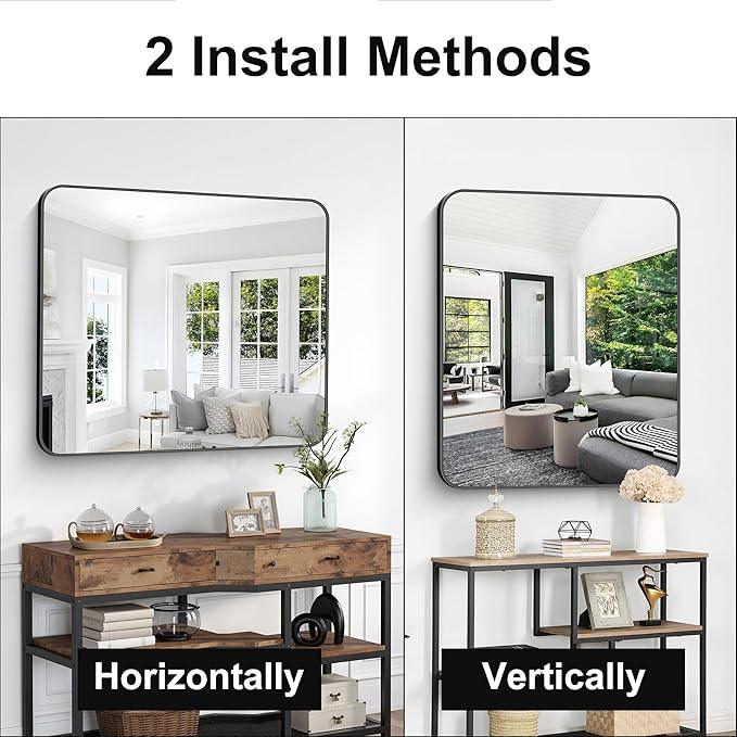 CIVENO Bathroom Mirror, 36 x 30 inch Metal Framed Black Rectangle Mirror, Rounded Corner Rectangular Vanity Mirror, Wall Mounted Mirror for Modern Bedroom Living Room Hangs Horizontal or Vertical - ModernBath