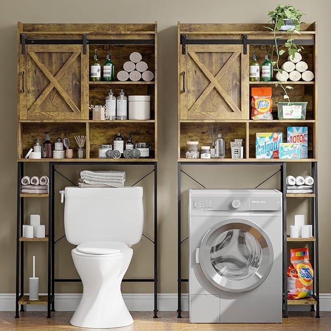 Farmhouse Storage Cabinet Over Toilet with Sliding Door & Toilet Paper Holder Stand, Space-Saving Bathroom Rack - ModernBath