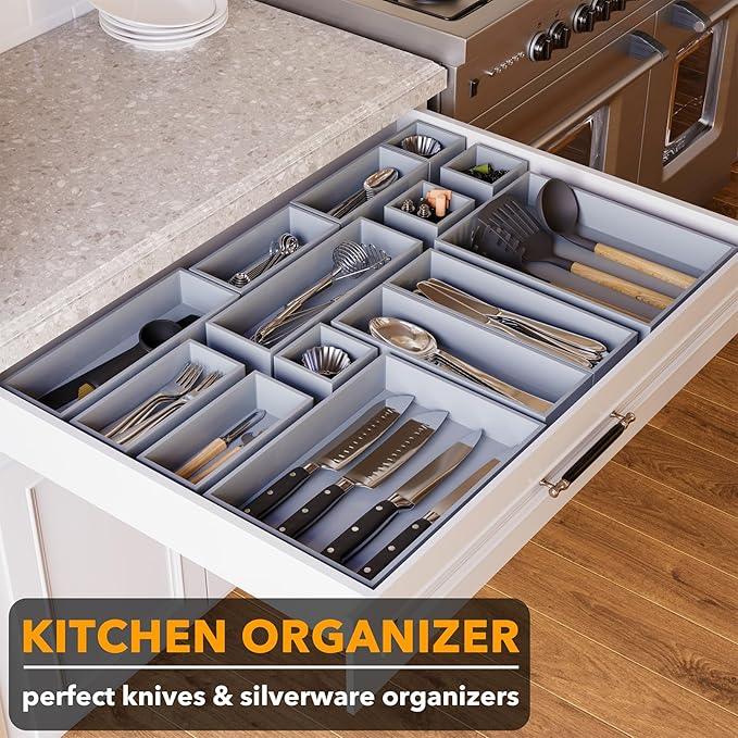 SpaceAid 14-Piece Bamboo Drawer Organizer Storage Boxes Set, Wood Tray Junk Drawer Organizers Multi-Use Divider Bins for Kitchen, Bathroom, Office Desk and Makeup Organization (14 Pack, Gray) - ModernBath