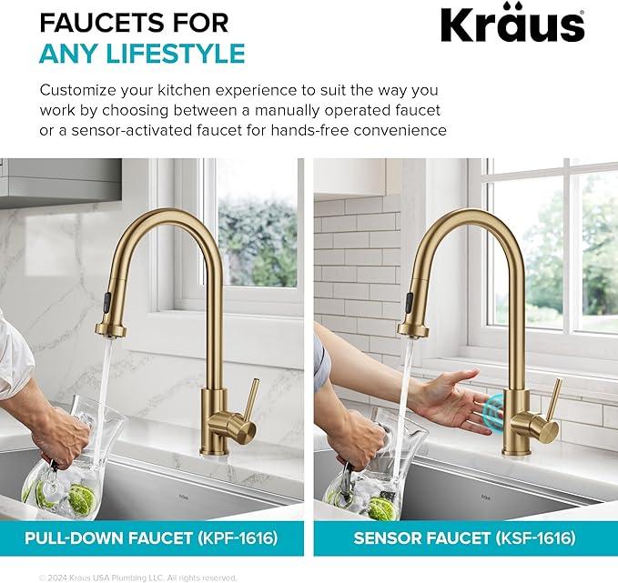 KRAUS Bolden 2-Function Single Handle Pull Down Kitchen Faucet in Spot-Free Brushed Brass, KPF-1616BB - ModernBath