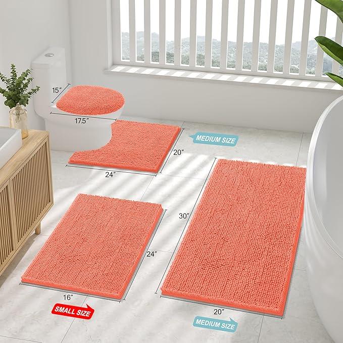 Smiry Luxury Chenille Bathroom Rugs 47x17, Extra Soft and Absorbent Shaggy Bath Mat, Machine Washable, Non-Slip Plush Carpet Runner for Tub, Shower, and Floor, Home Decor Accessories, Coral - ModernBath