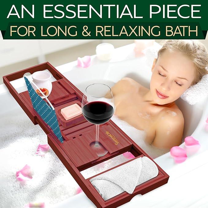 SereneLife Premium Bathtub Tray Caddy with Gift Box and Bow Set, Expandable Bath Tray, Unique House Warming Gifts for Mom, Women, Wedding, Anniversary, Bridal Shower, Fit for All Tub - Stain Brown - ModernBath