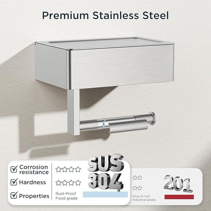 FORIOUS Toilet Paper Holder with Shelf, SUS304 Stainless Steel Wall Mount Toilet Paper Roll Holder, Flushable Wipes Dispenser Fits for Bathroom Wipe Storage, Bathroom Organizer Brushed Nickel - ModernBath