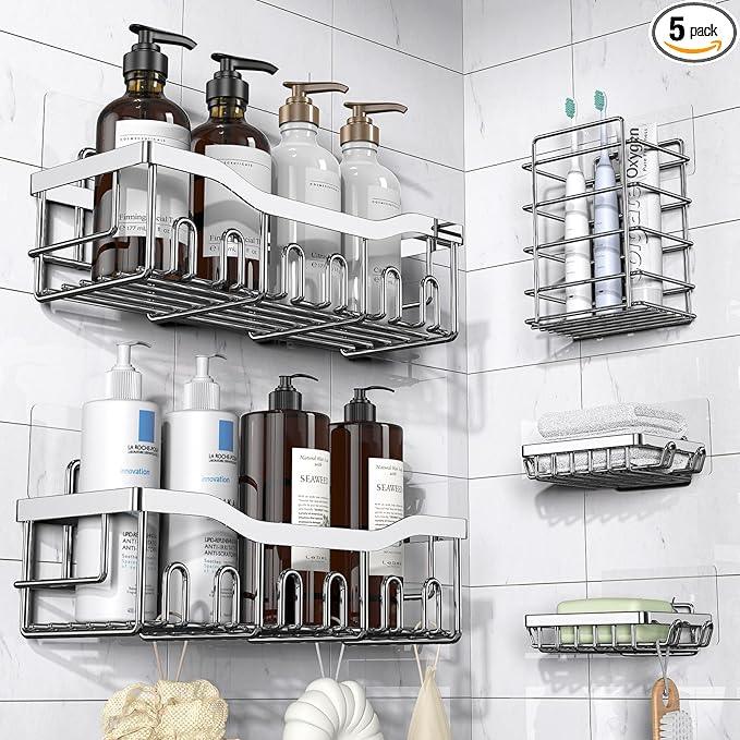 EUDELE 5-Pack Rustproof Stainless Steel Shower Caddy – No Drill Adhesive Bathroom Organizer with Large Capacity, Spacious Shower Shelves for Inside Shower, Kitchen & Home Decor Storage-XL Size - ModernBath