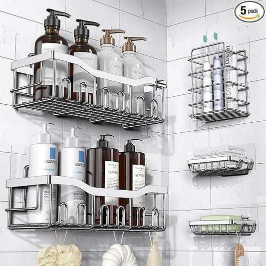 EUDELE 5-Pack Rustproof Stainless Steel Shower Caddy – No Drill Adhesive Bathroom Organizer with Large Capacity, Spacious Shower Shelves for Inside Shower, Kitchen & Home Decor Storage-XL Size - ModernBath