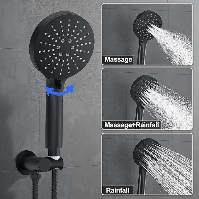 KOJOX Matte Black Thermostatic Shower System, Push Button Diverter Shower Faucet Set with 12" Ceiling Mount Rain Shower, 8" Wall Mount Shower Head, and 3-in-1 Handheld Spray - ModernBath