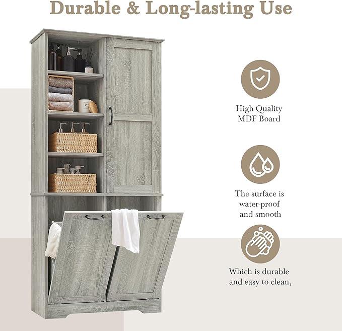Bathroom Storage Cabinet with Doors and Drawers, Tilt-Out Laundry Hamper, Multiple Storage Space, Freestanding Style, Open Shelve, Adjustable Shelf (Oak) - ModernBath