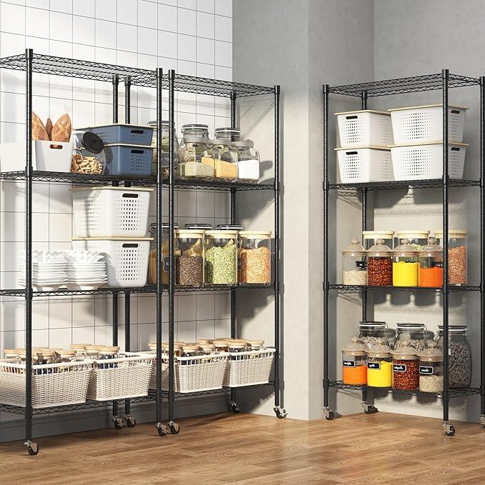 Homdox Heavy Duty 4-Tier Metal Shelving Unit with Adjustable Shelves, Rolling Storage Rack for Kitchen, Garage, Pantry, 29.92"x13.98"x74.41", Black - ModernBath