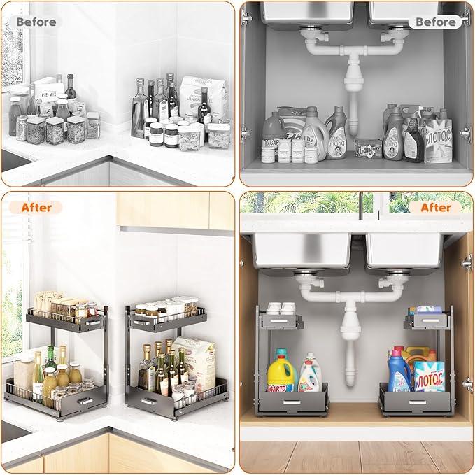 Under Sink Organizer,2 Tier Slide Out Kitchen Cabinet Organizers with Pulley,Under Bathroom Sink Pull Out Organizer with Multiple Height Adjustments for Kitchen and Bathroom Cabinets (Gray) - ModernBath