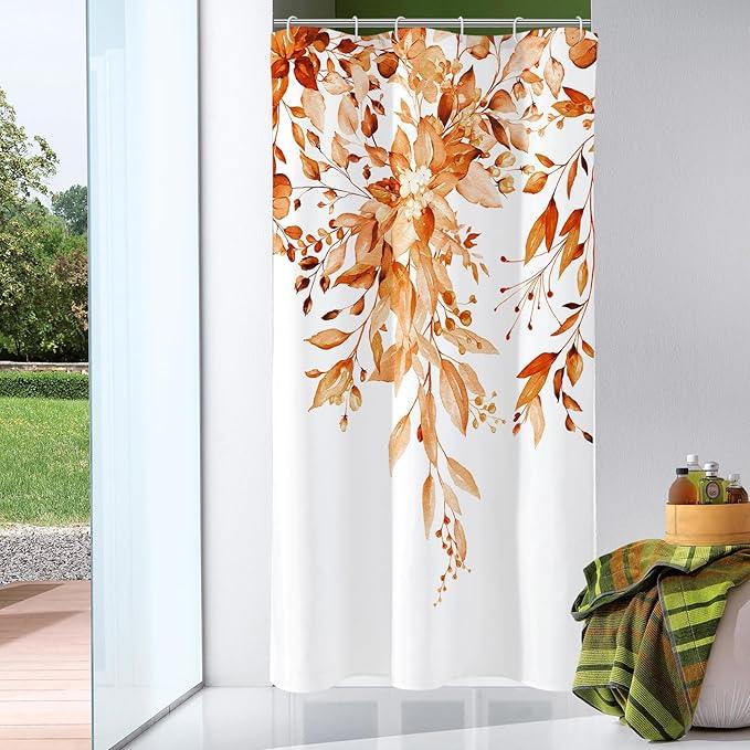Gibelle Small Stall Shower Curtain 36 x 72, Narrow Orange Floral Shower Curtain for Bathroom, Fall Watercolor Plant Eucalyptus Leaves Fabric Shower Curtain Set - ModernBath