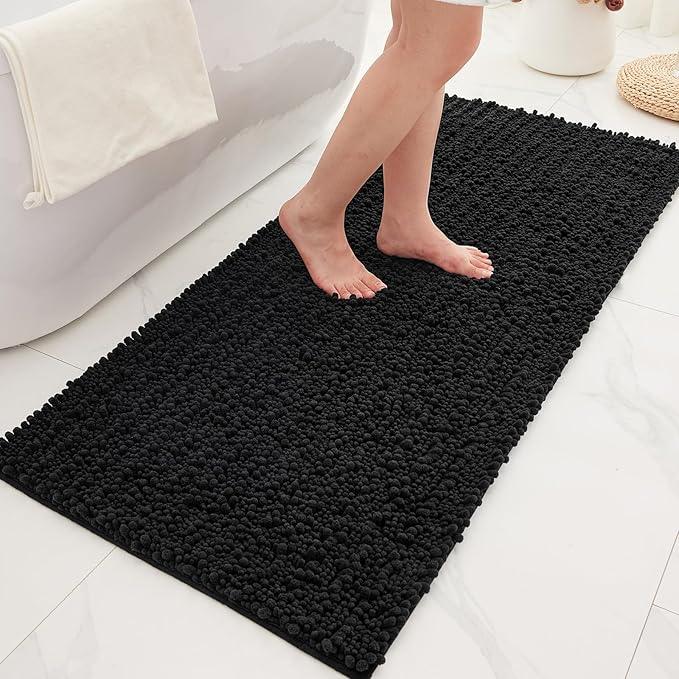 Ruggnovea Chenille Bathroom Rugs Non Slip Washable 44x24, Extra Thick Soft Absorbent Chenille Bath Mat, Non-Slip Barrier Backing, Quick Dry Machine Washable Bath Mats Tub, Shower,Floor/Sink,Black - ModernBath