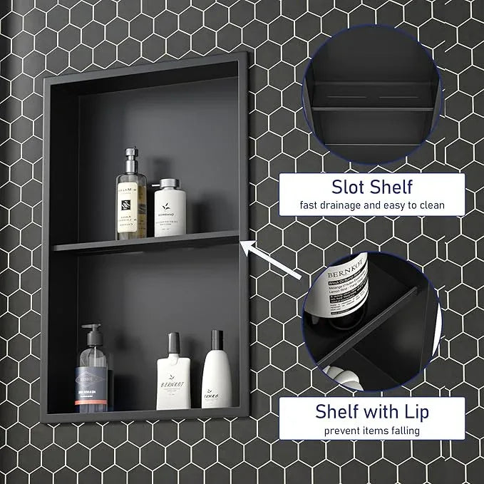 Stainless Steel Shower Niche 24"×14" Matte Black with Shelf No Tiled Needed Niche Shower for Bathroom Wall Recessed Shower Box for Bathroom Storage - ModernBath
