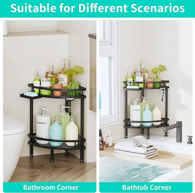 HapiRm Standing Corner Shower Caddy - 2 Tier Shower Organizer Corner with Soap Holder and 2 Hooks, Rustproof Bathroom Storage Shelves with Adhesives, Black - ModernBath