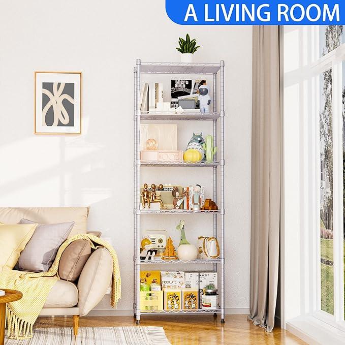 REGILLER 6 Wire Shelving Steel Storage Rack Adjustable Unit Shelves for Laundry Bathroom Kitchen Pantry Closet(Silver,11.7" D x 21.4" W x 63" H) - ModernBath