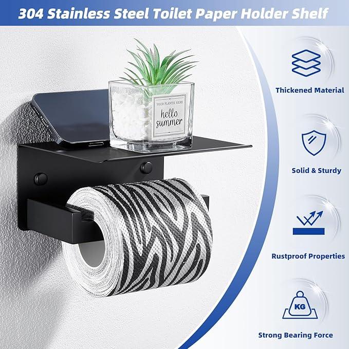 APLusee Toilet Paper Holder with Shelf Matte Black, 304 Stainless Steel Tissue Holder, Wall Mounted - ModernBath