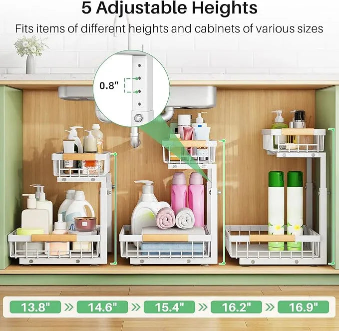 Kitstorack Under Sink Organizer, 2 Packs 2 Tier Under Sink Organizers and Storage, Slide out Pull out Cabinet Organizer Shelf, Metal Sliding Drawer for Kitchen Bathroom Pantry Closet Rack(White) - ModernBath