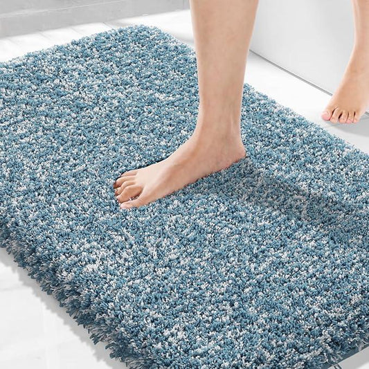 Yimobra Bathroom Rugs Non Slip Washable 36x24, Ultra Soft and Water Absorbent Bath Mats, Plush Fluffy Shower Mat Outside, Luxury Microfiber Thick Matts for Bathroom Floor/Tub, Denim Blue and White - ModernBath