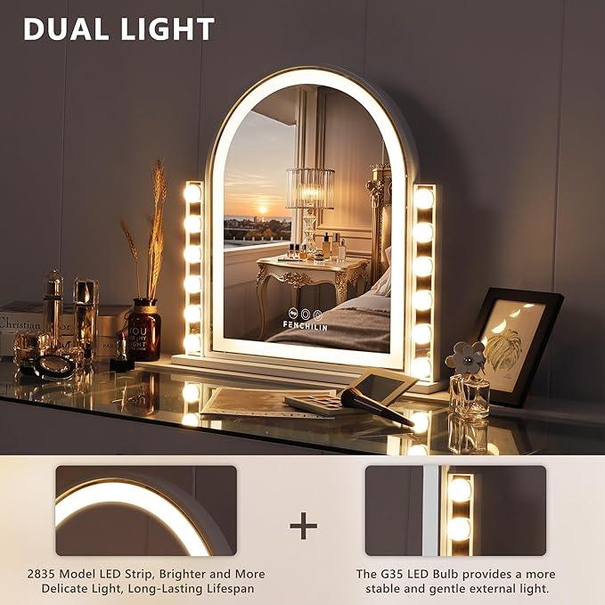 FENCHILIN Arch Vanity Mirror with Light 23.4"x22.4" Arched Makeup Mirror Lighted Hollywood Mirror with 12 Dimmable Bulbs and Light Strip with Smart Control 3 Color Modes White - ModernBath