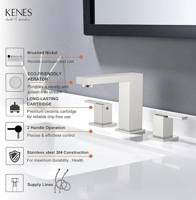 KENES 2 Handle Widespread Bathroom Faucets Brushed Nickel, Bathroom Sink Faucet 3 Hole Vanity Faucet with Lead-Free Supply Hose, KE-9050 - ModernBath