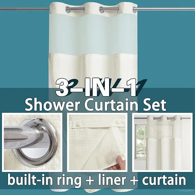 Conbo Mio Stall No Hook Waffle Weave Shower Curtain with Snap in Liner Set, Hotel Luxury Beige Shower Curtains for Bathroom with See Through Top Window, Waterproof, Washable 36W x 74H - ModernBath