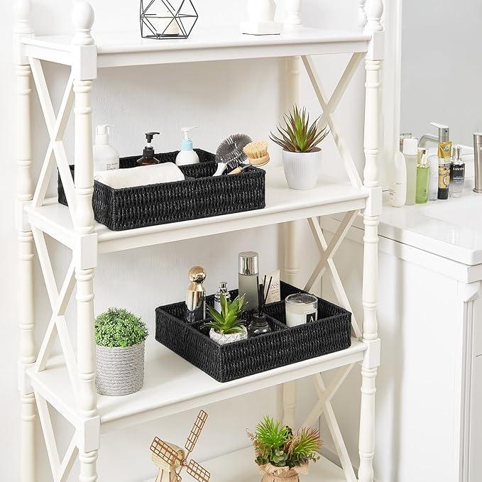 Vagusicc Wicker Divided Storage Basket, Black Wicker Baskets, Basket for Shelves Drawer Organizing, 3 Section Rectangular Woven Storage Baskets, 2-Pack - ModernBath