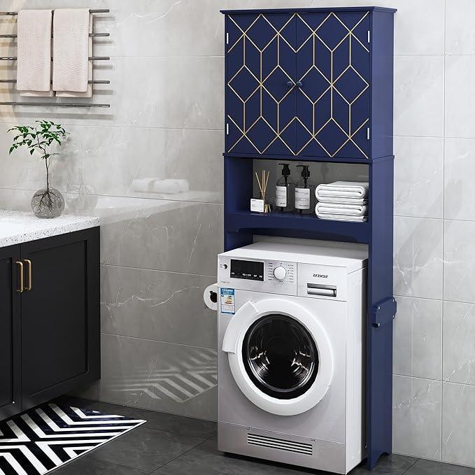 Over The Toilet Storage Cabinet with Gold Trim, Modern Bathroom Organizer Over Toilet with Adjustable Shelves and Toilet Paper Holder for Bathroom (Blue) - ModernBath